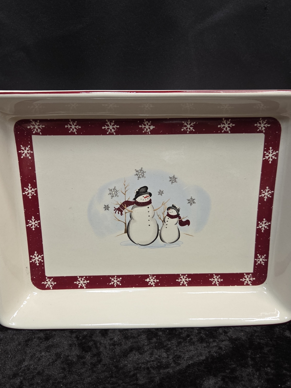 Royal Seasons Stoneware Snowman 13" X 9" Baking Handle Casserole Snowflakes